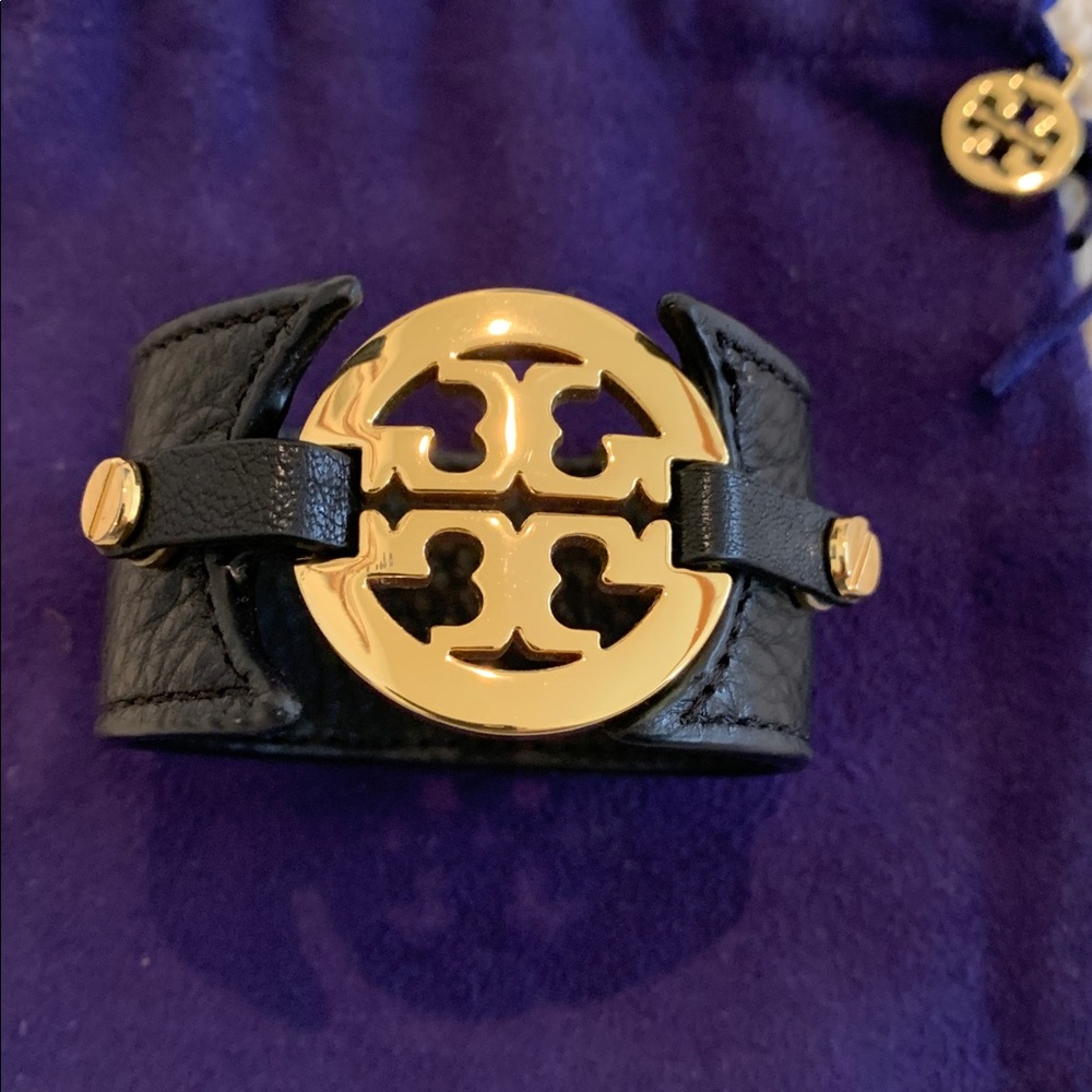 Tory Burch Black Leather Bracelet with Gold Logo